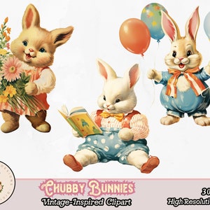 May include: Three vintage-style illustrations of cartoon bunnies. One bunny is holding a bouquet of flowers, another is holding balloons, and the third is reading a book.
