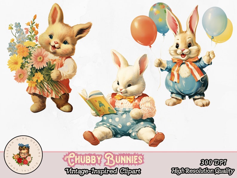 May include: Three vintage-style illustrations of cartoon bunnies. One bunny is holding a bouquet of flowers, another is holding balloons, and the third is reading a book.