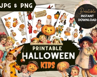 Könnte beinhalten: Druckbare Halloween Kids-Clipart-Set mit Vintage-Illustrationen von Kindern in Kostümen und mit Kürbissen. Das Set enthält JPG- und PNG-Dateien zum sofortigen Download.