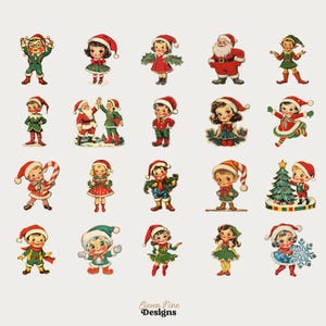 May include: A set of 20 vintage Christmas clip art images featuring elves, Santa Claus, children, and a Christmas tree. The images are in a cartoon style and are perfect for adding a festive touch to your crafts and projects.