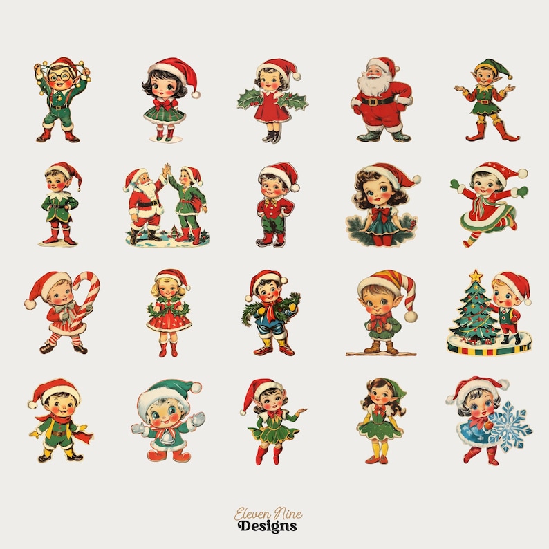 May include: A set of 20 vintage Christmas clip art images featuring elves, Santa Claus, children, and a Christmas tree. The images are in a cartoon style and are perfect for adding a festive touch to your crafts and projects.