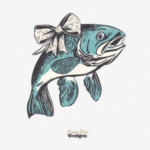 Trout Fish with Coquette Bow PNG, Womens Fishing Design, Trout Clipart PNG Illustration, Fishing Graphic for Shirts, Mugs, Wall Art, POD