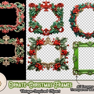 Op de afbeelding: Vier versierde kerstframes met hulst- en besaccenten. De frames zijn in de kleuren rood, groen en goud. De frames zijn ge&iuml;soleerd op een transparante achtergrond.