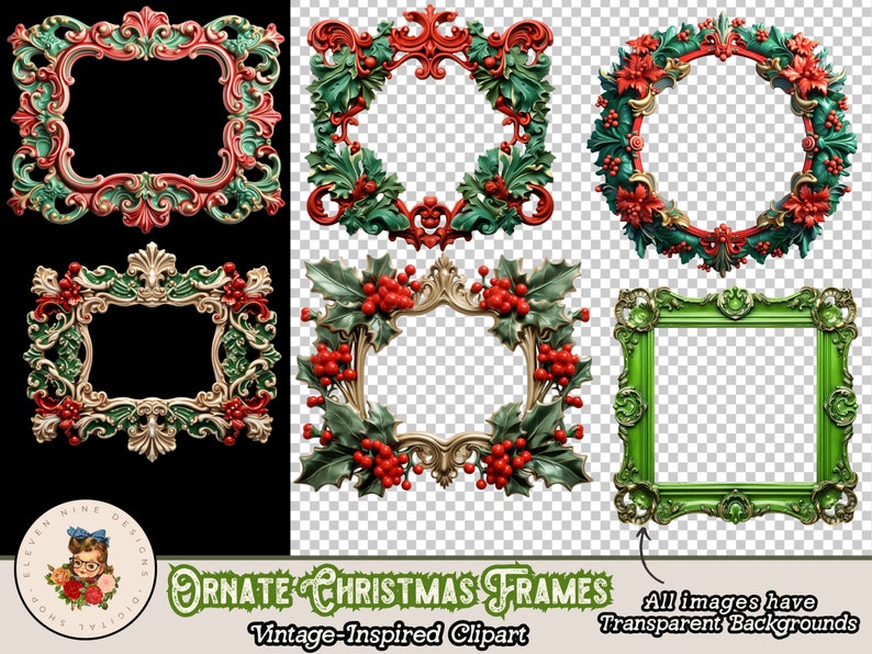 Op de afbeelding: Vier versierde kerstframes met hulst- en besaccenten. De frames zijn in de kleuren rood, groen en goud. De frames zijn ge&iuml;soleerd op een transparante achtergrond.