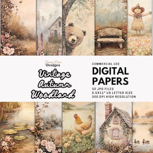 Papel digital vintage de bosque otoñal / Fondos de bosque otoñal estilo cottagecore / Páginas rústicas para álbumes de recortes / Uso comercial en formato JPG