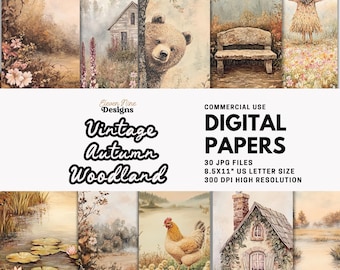 May include: A set of 30 digital papers featuring vintage autumn woodland scenes. The papers are 8.5x11 inches and 300 DPI high resolution. They are perfect for scrapbooking, card making, and other crafting projects.