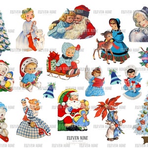 Christmas Digital Collage Sheets, Printable Vintage Christmas, Digital Ephemera, fussy cut, Blue Christmas, Digital Download