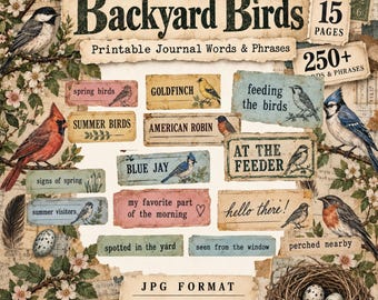 Backyard Birds Journal Words, Birdwatching Printable Ephemera, Vintage Bird Labels & Phrases, Junk Journal Scrapbook Quotes Digital Download