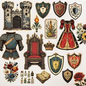 Pu&ograve; includere: Una collezione di adesivi a tema medievale con un castello, scudi, armature, un trono, una corona, un vestito, fiori e un libro aperto. Gli adesivi hanno uno stile vintage disegnato a mano.