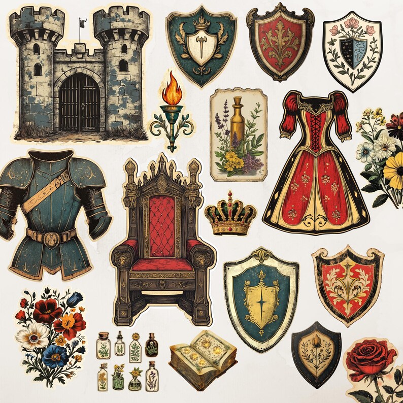 Pu&ograve; includere: Una collezione di adesivi a tema medievale con un castello, scudi, armature, un trono, una corona, un vestito, fiori e un libro aperto. Gli adesivi hanno uno stile vintage disegnato a mano.