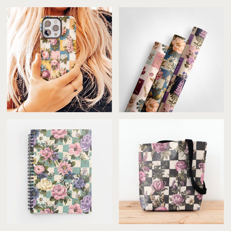 Pu&ograve; includere: Una collezione di prodotti a tema floreale, tra cui una custodia per telefono, rotoli di carta, un taccuino a spirale e una borsa tote. Gli articoli presentano un motivo a scacchi con rose rosa, viola e gialle su sfondo azzurro e bianco.
