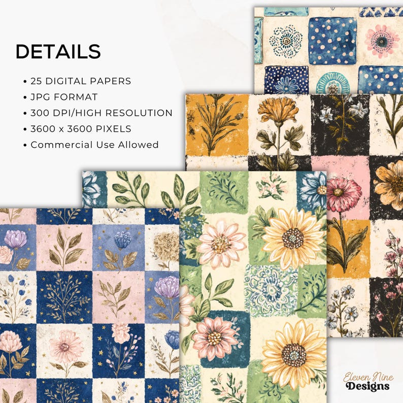 Pu&ograve; includere: Set di carte digitali con disegni floreali e botanici in stile patchwork. Le carte presentano una variet&agrave; di fiori, foglie e motivi in una griglia quadrata. La tavolozza dei colori comprende blu, rosa, giallo e verde. Il testo sull'immagine dice "DETAILS" e "Eleven Nine Designs".