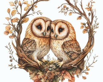 Owls Clipart, Floral Owl Art, Printable Watercolor Clip Art, Transparent Background PNG, Botanical Owl Illustrations, Digital Download