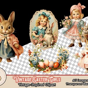 Puede incluir: Clipart vintage de Pascua con cuatro im&aacute;genes: una ni&ntilde;a con un conejito, una ni&ntilde;a con una cesta de conejitos, un conejito sosteniendo flores y una corona de flores con huevos de Pascua.