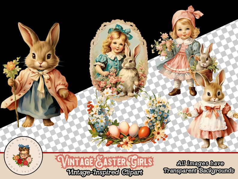 Puede incluir: Clipart vintage de Pascua con cuatro im&aacute;genes: una ni&ntilde;a con un conejito, una ni&ntilde;a con una cesta de conejitos, un conejito sosteniendo flores y una corona de flores con huevos de Pascua.
