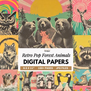 May include: A collage of retro-style illustrations featuring forest animals like bears, deer, and owls. The text "Retro Pop Forest Animals DIGITAL PAPERS" is displayed, along with "8.5 X 11"" and "150+ PAGES". The color palette includes pink, yellow, and brown.