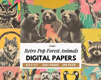 Retro Pop Forest Animals Digital Paper, Printable Collage Woodland Backgrounds for Junk Journals, Scrapbook, Art Journal, Bears, Deer JPGs