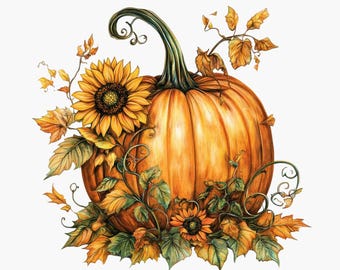Könnte beinhalten: Detaillierte Illustration eines großen orangefarbenen Kürbisses mit gebogenem grünem Stiel, umgeben von Sonnenblumen und Herbstblättern. Das Bild hat einen Aquarellstil und der Text "Eleven Nine Designs" ist unten sichtbar.