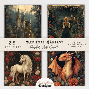Paquete de arte fantástico medieval místico: colección de castillos, caballeros, dragones y bosques encantados en alta resolución en formato JPG / Descarga de Castlecore en formato JPG