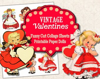 Fussy Cut Valentines Printable, Valentines Digital Collage Sheet, Retro Girl, Valentines Ephemera, Valentines Girl Digital Download