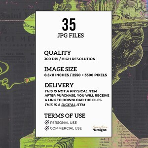 May include: A digital download of 35 high-resolution JPG files featuring a green and black image of a woman's face. The image is 8.5 x 11 inches and 300 DPI. The text "35 JPG FILES", "QUALITY 300 DPI/HIGH RESOLUTION", "IMAGE SIZE 8.5x11 INCHES / 2550 &times; 3300 PIXELS", "DELIVERY THIS IS NOT A PHYSICAL ITEM AFTER PURCHASE, YOU WILL RECEIVE A LINK TO DOWNLOAD THE FILES. THIS IS A DIGITAL ITEM", "TERMS OF USE ✔PERSONAL USE ✔COMMERCIAL USE Eleven Nine Designs" is also included in the image.