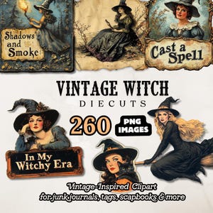 May include: A set of 260 vintage witch-themed digital clipart images. The images feature witches in various poses, including flying on broomsticks, casting spells, and reading books. The images are perfect for scrapbooking, card making, and other craft projects.