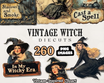 Bruja de Halloween vintage PNG Clipart / Brujas PNG / Gráficos retro de Halloween, efímeras de diario basura, álbumes de recortes, descargas digitales de brujas