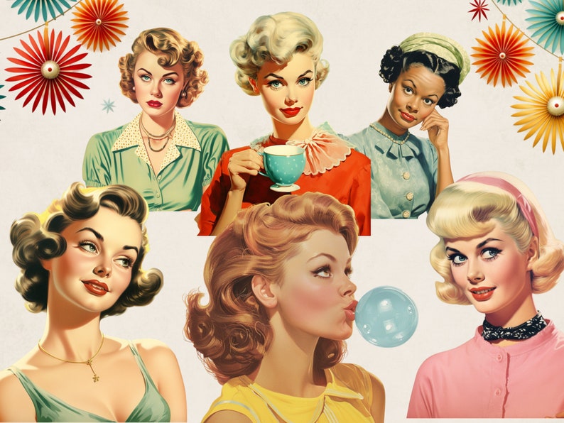 May include: Six women with different hairstyles and clothing. The women are wearing various colors, including red, blue, green, yellow, and pink. The women are all smiling and looking at the camera. The background is a light beige color.