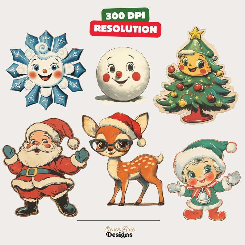 May include: A set of vintage Christmas clip art images. The images include a snowman, a Christmas tree, a snowflake, a deer wearing a Santa hat and glasses, Santa Claus, and a little girl wearing a green hat and a bell.