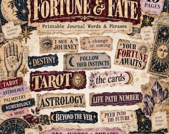 Fortune Journal Words, Printable Divination Ephemera, Tarot Astrology Fate Quotes, Junk Journal Collage, Digital Download Mystical JPGs