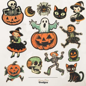 Puede incluir: Una colecci&oacute;n de pegatinas con tem&aacute;tica de Halloween que incluye un esqueleto en una calabaza, una luna creciente, una ara&ntilde;a en su telara&ntilde;a, una cara de gato negro, una bruja, un fantasma en una calabaza, una figura con cabeza de calabaza.