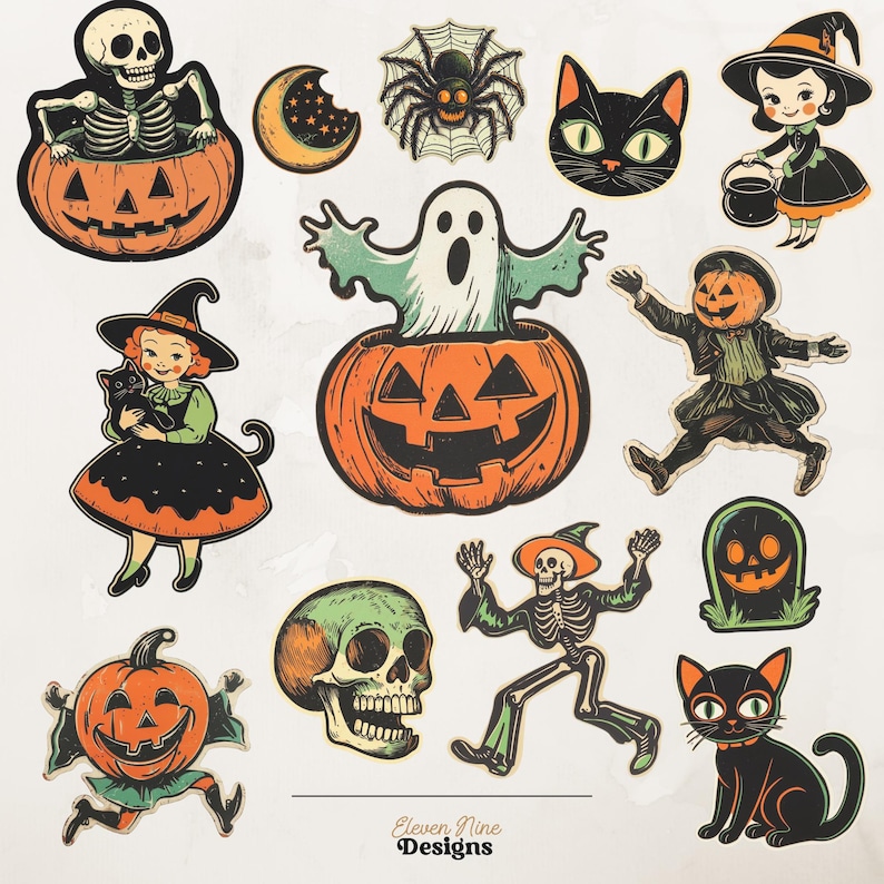 Puede incluir: Una colecci&oacute;n de pegatinas con tem&aacute;tica de Halloween que incluye un esqueleto en una calabaza, una luna creciente, una ara&ntilde;a en su telara&ntilde;a, una cara de gato negro, una bruja, un fantasma en una calabaza, una figura con cabeza de calabaza.