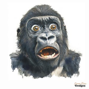 May include: Watercolor illustration of a gorilla with a surprised expression. The gorilla has dark fur, large brown eyes, and an open mouth. The artwork is signed "Eleven Nine Designs" in the bottom right corner.