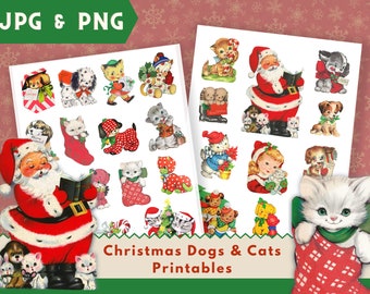 May include: A set of printable Christmas images featuring dogs and cats in various holiday scenes. The images include Santa Claus, a girl holding a kitten, a cat in a stocking, and a dog with a bone. The images are perfect for adding a festive touch to your holiday crafts and projects.