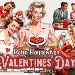 Clipart retro vintage de los años 50, clipart PNG de ama de casa del día de San Valentín, PNG de muñeca de papel, diarios de scrapbooking, clipart de descarga digital