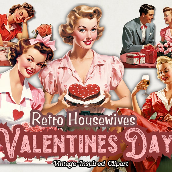 Retro Vintage 1950s Clipart, Valentines Day Housewife Clipart PNG, Paper Doll PNG, Scrapbooking Journals, Digital Download Clipart