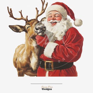 May include: A vintage illustration of Santa Claus in a red suit and hat, embracing a reindeer. Santa has a white beard and is smiling. The reindeer has brown antlers and fur. The image has a festive, holiday theme.