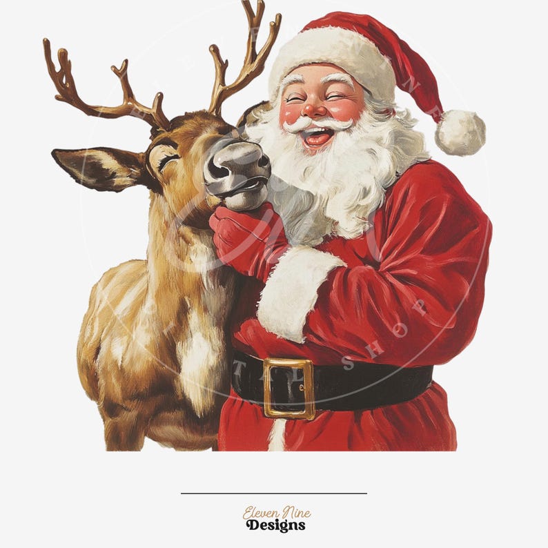 May include: A vintage illustration of Santa Claus in a red suit and hat, embracing a reindeer. Santa has a white beard and is smiling. The reindeer has brown antlers and fur. The image has a festive, holiday theme.