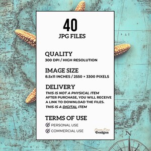 May include: A digital download of 40 high-resolution JPG files, each measuring 8.5x11 inches (2550 x 3300 pixels). The files are 300 DPI and can be used for personal or commercial purposes. The text "40 JPG FILES", "QUALITY", "300 DPI / HIGH RESOLUTION", "IMAGE SIZE", "8.5x11 INCHES / 2550 &times; 3300 PIXELS", "DELIVERY", "THIS IS NOT A PHYSICAL ITEM", "AFTER PURCHASE, YOU WILL RECEIVE", "A LINK TO DOWNLOAD THE FILES.", "THIS IS A DIGITAL ITEM", "TERMS OF USE", "✔PERSONAL USE", "✔COMMERCIAL USE", "Eleven Nine Designs" is visible on the image.