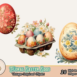 K&ouml;nnte beinhalten: Vintage-inspirierte Clipart-Illustration mit dekorierten Ostereiern mit floralen Designs. Das Bild zeigt drei Eier: ein rotes mit rosa Blumen, ein gelbes mit blauen und gelben Blumen und einen Eierkarton mit Pastellfarben. Der Text lautet "Floral Easter Eggs".
