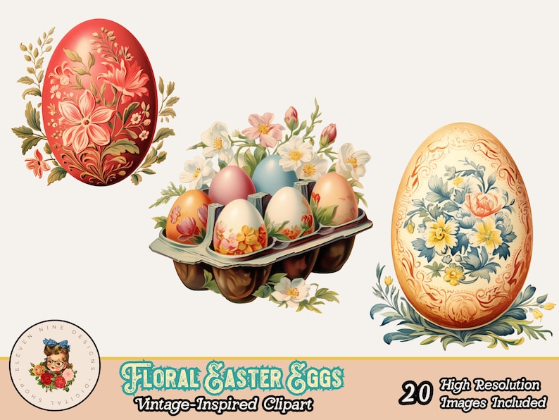 K&ouml;nnte beinhalten: Vintage-inspirierte Clipart-Illustration mit dekorierten Ostereiern mit floralen Designs. Das Bild zeigt drei Eier: ein rotes mit rosa Blumen, ein gelbes mit blauen und gelben Blumen und einen Eierkarton mit Pastellfarben. Der Text lautet "Floral Easter Eggs".