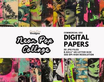 Vintage Neon Pop Art Digitales Papier - JPGs im Retro Collagen-Stil - Mixed Media-Hintergründe für Scrapbooking, Journaling & Kunsthandwerk