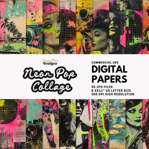 Vintage Neon Pop Art Digital Paper – Retro Collage Style JPGs – Mixed Media Backgrounds for Scrapbooking, Journaling & Crafts