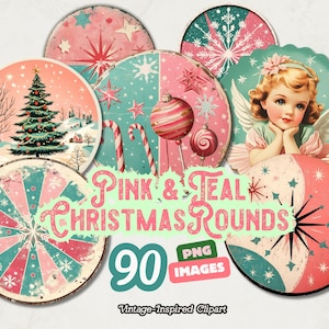 Cercle de Noël PNG Clipart, autocollants de Noël rose rétro, téléchargement immédiat, graphiques de Noël pour journaux, ornements, sous-verres