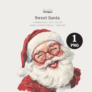 Cute Santa PNG Natal Clipart Digital Download Santa Claus Clipart Retro Vintage Santa Graphic, Funny Santa Clipart, Óculos com Moldura de Coração