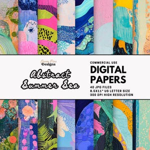 Puede incluir: Una colección de papeles digitales con diseños abstractos de verano. La imagen incluye varios patrones coloridos en tonos de azul, rosa, verde y amarillo. El texto dice "Abstract Summer Sea" y "Digital Papers".