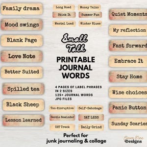 May include: A collection of printable journal words in various styles. The image features phrases like "Family Drama," "Love Note," and "Sunday Scaries" on vintage-style labels. The text also includes "Small Talk" and "Printable Journal Words."
