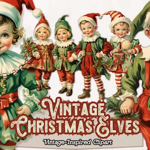 Clipart de elfo de natal PNG, clipart de natal vintage, design de elfo, clipart de elfos, gráficos de natal de elfo, para cartões, diários, álbum de recortes