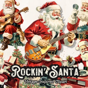 Santa clipart, dansende kerstman PNG, rock n roll Santa PNG, kerstmuziek clipart, zingende kerstman, Santa Rocks PNG, grappige Santa clipart