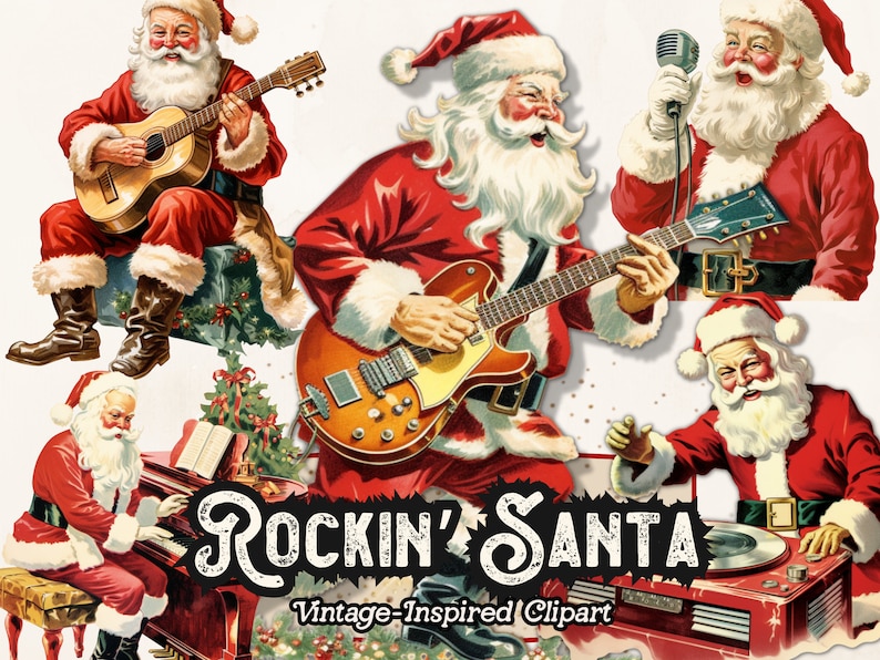 Santa's Instruments Santa Clipart, Dancing Santa PNG, Rock N Roll Santa PNG, Christmas ...